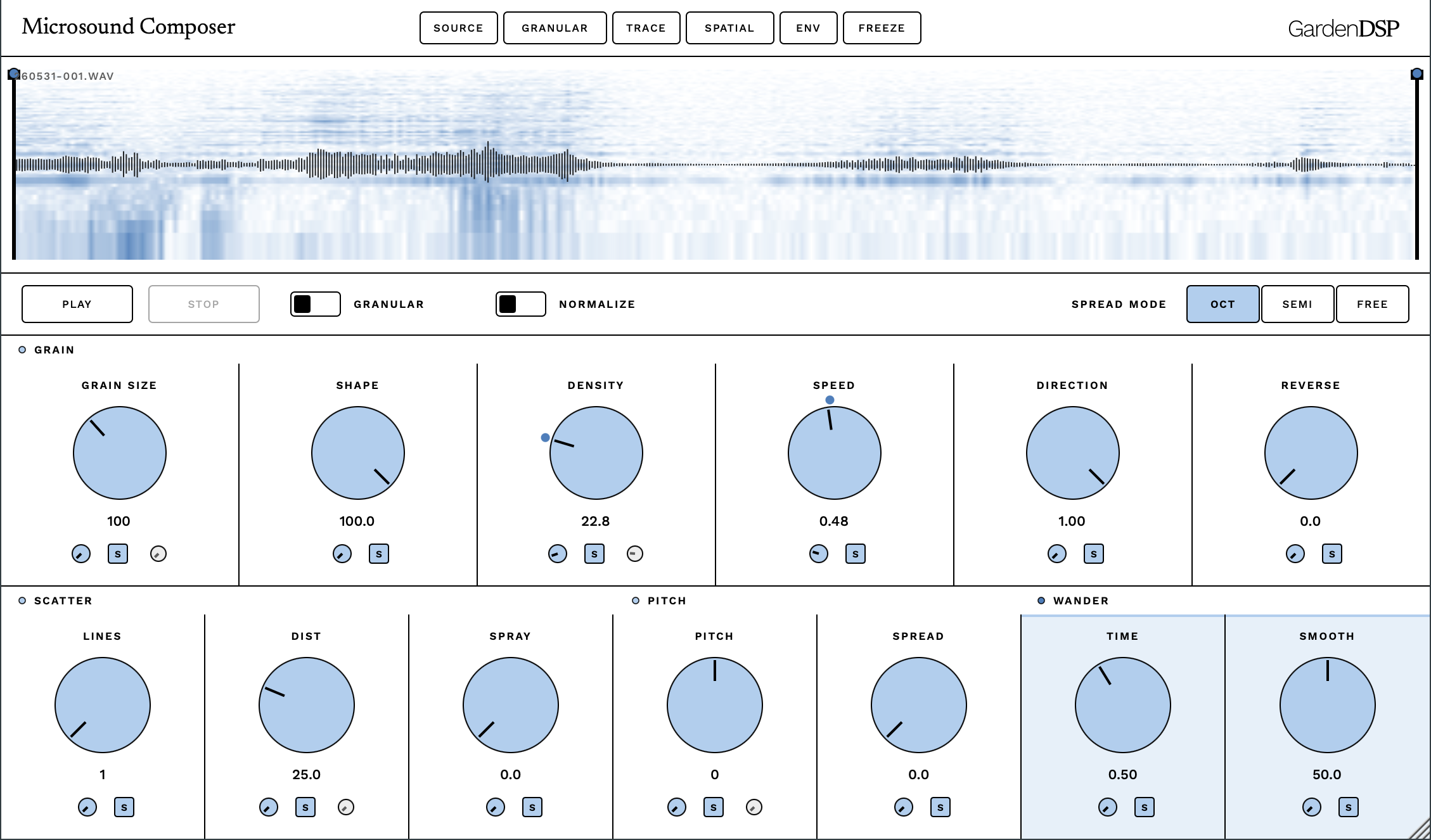 Microsound Composer granular page: spectrogram of a loaded sample above grain, scatter, pitch, and wander controls